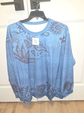 Blue Floral-Print Long Sleeve Top
